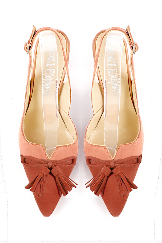 Terracotta orange women's open back shoes, with a knot. Tapered toe. Very high slim heel. Top view - Florence KOOIJMAN